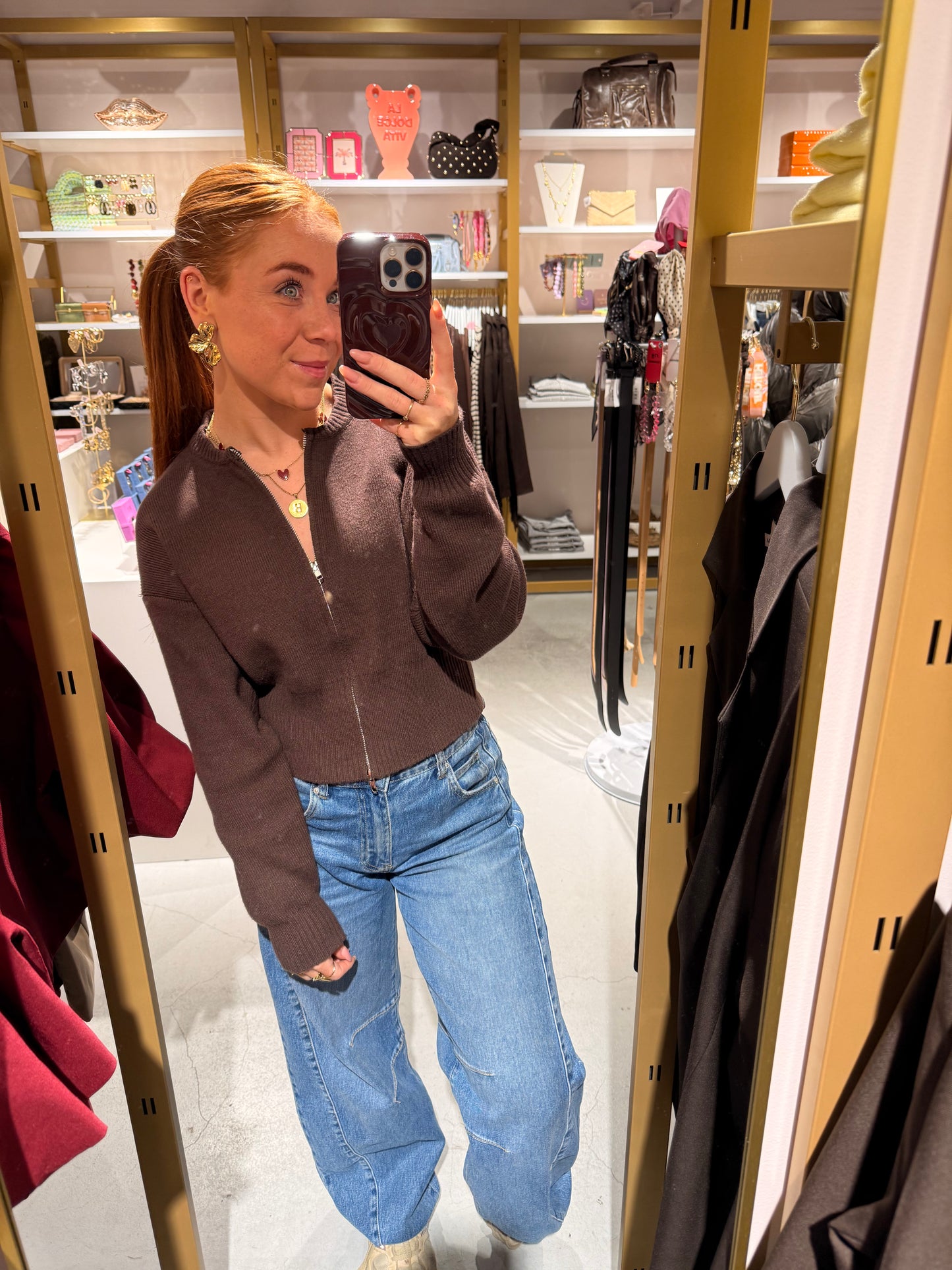 Cropped zip knit choco
