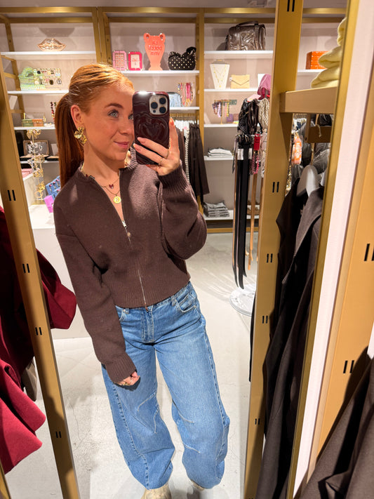 Cropped zip knit choco