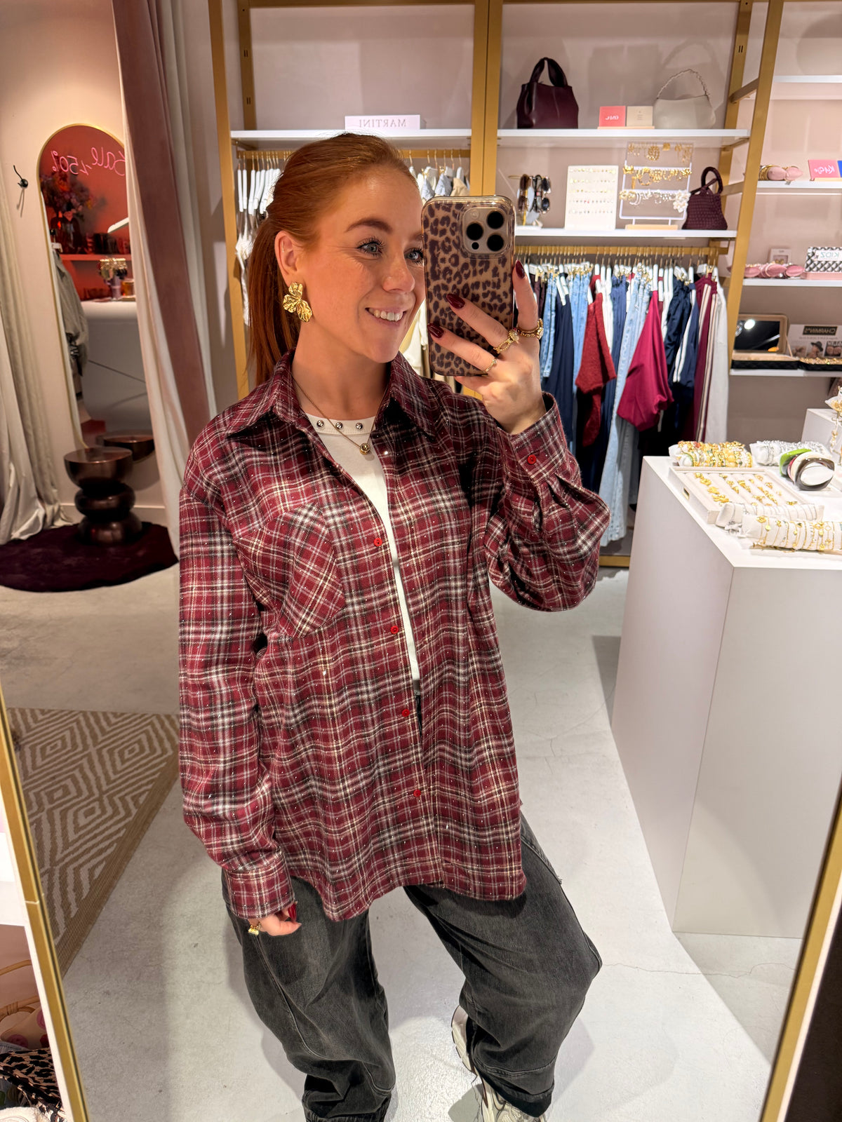 Bordeaux check blouse strass