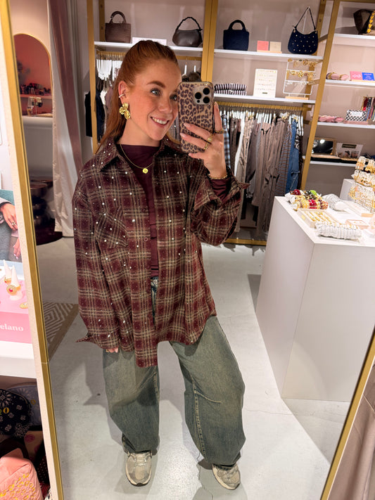 Strass check blouse bordeaux