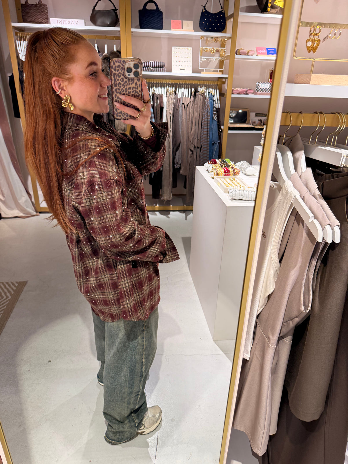 Strass check blouse bordeaux