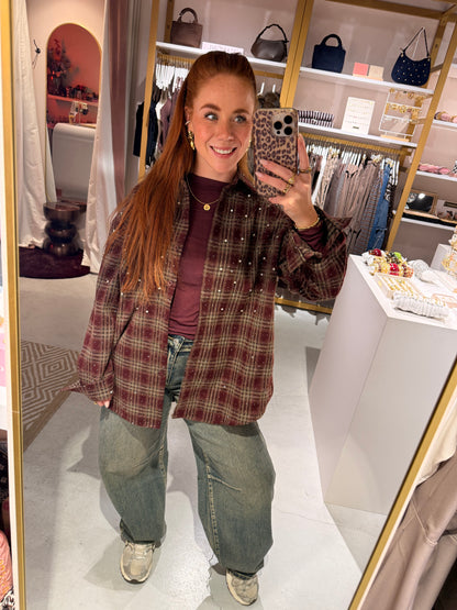 Strass check blouse bordeaux