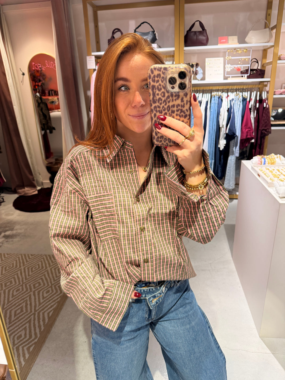 Check blouse strass green