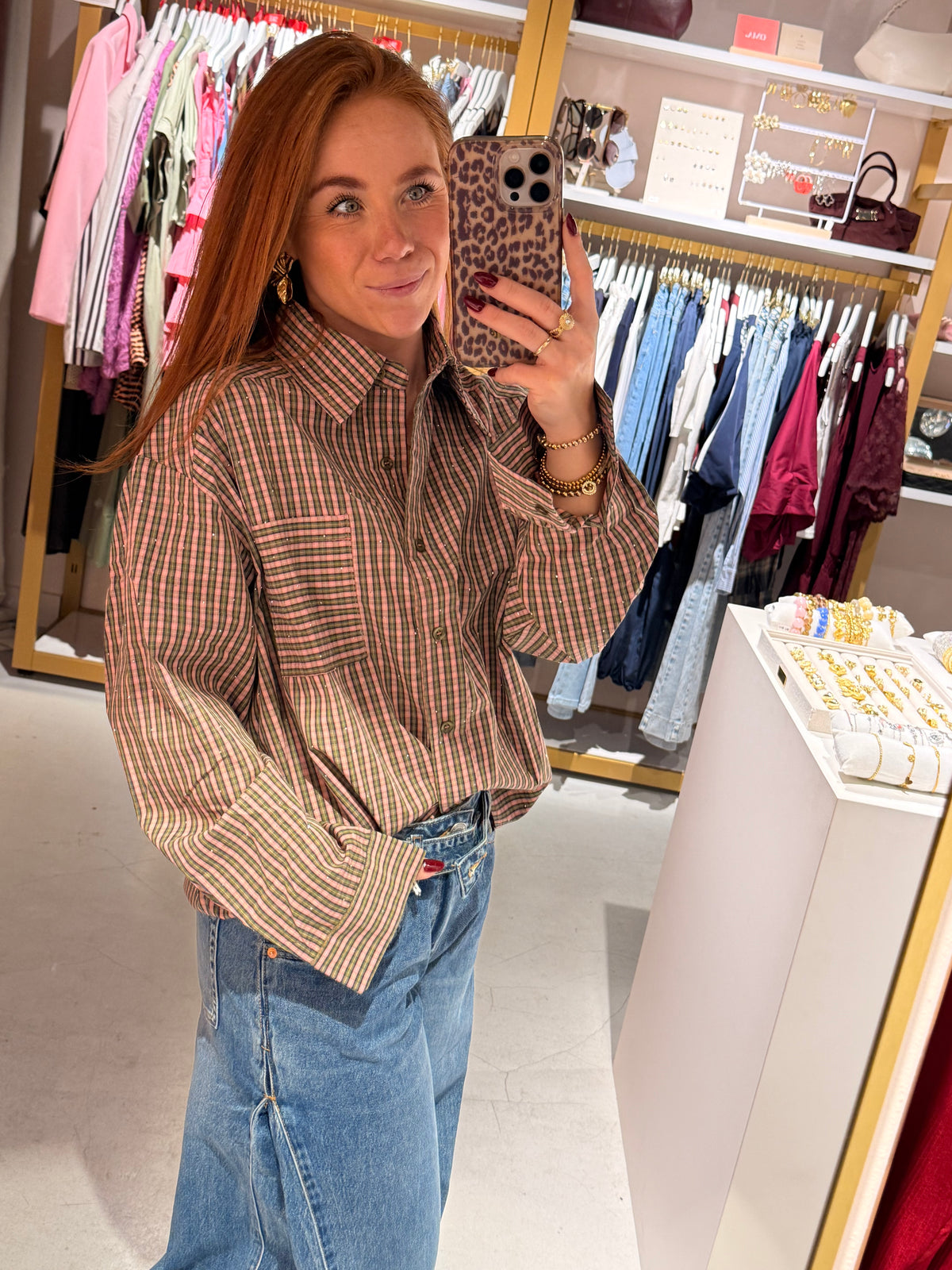 Check blouse strass green