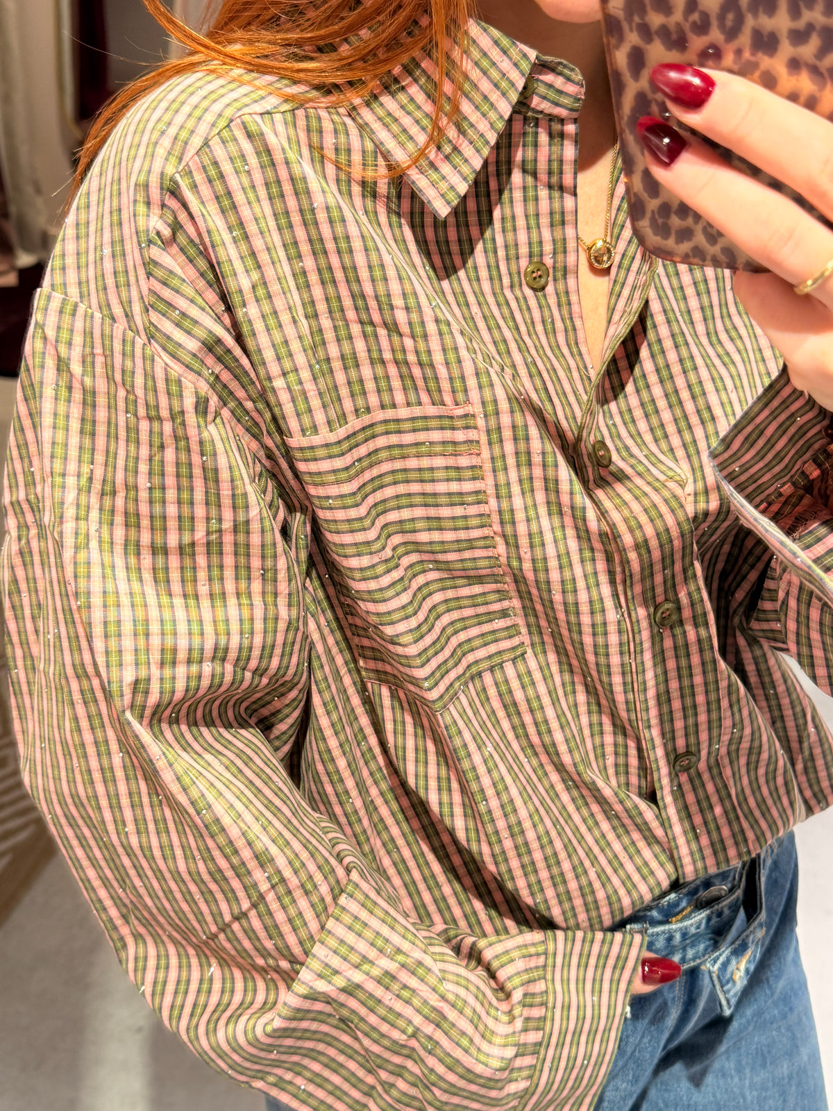 Check blouse strass green