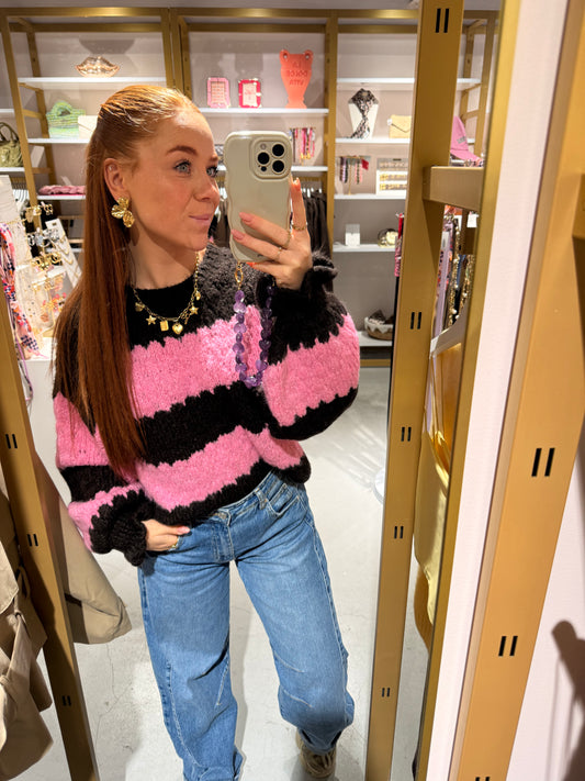 Striped knit sweater brown&pink