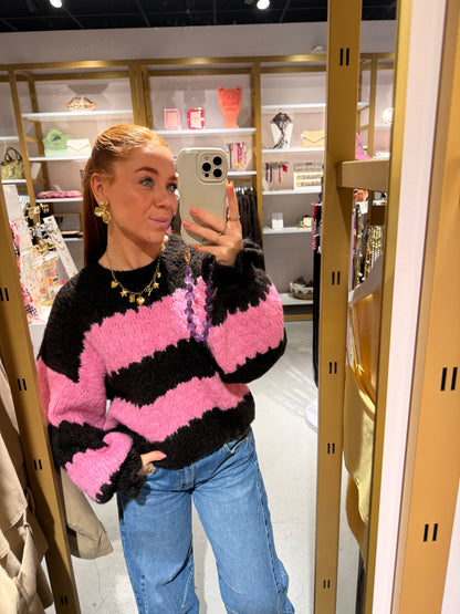 Striped knit sweater brown&pink