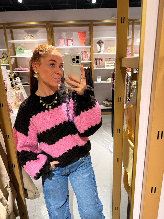 Striped knit sweater brown&pink