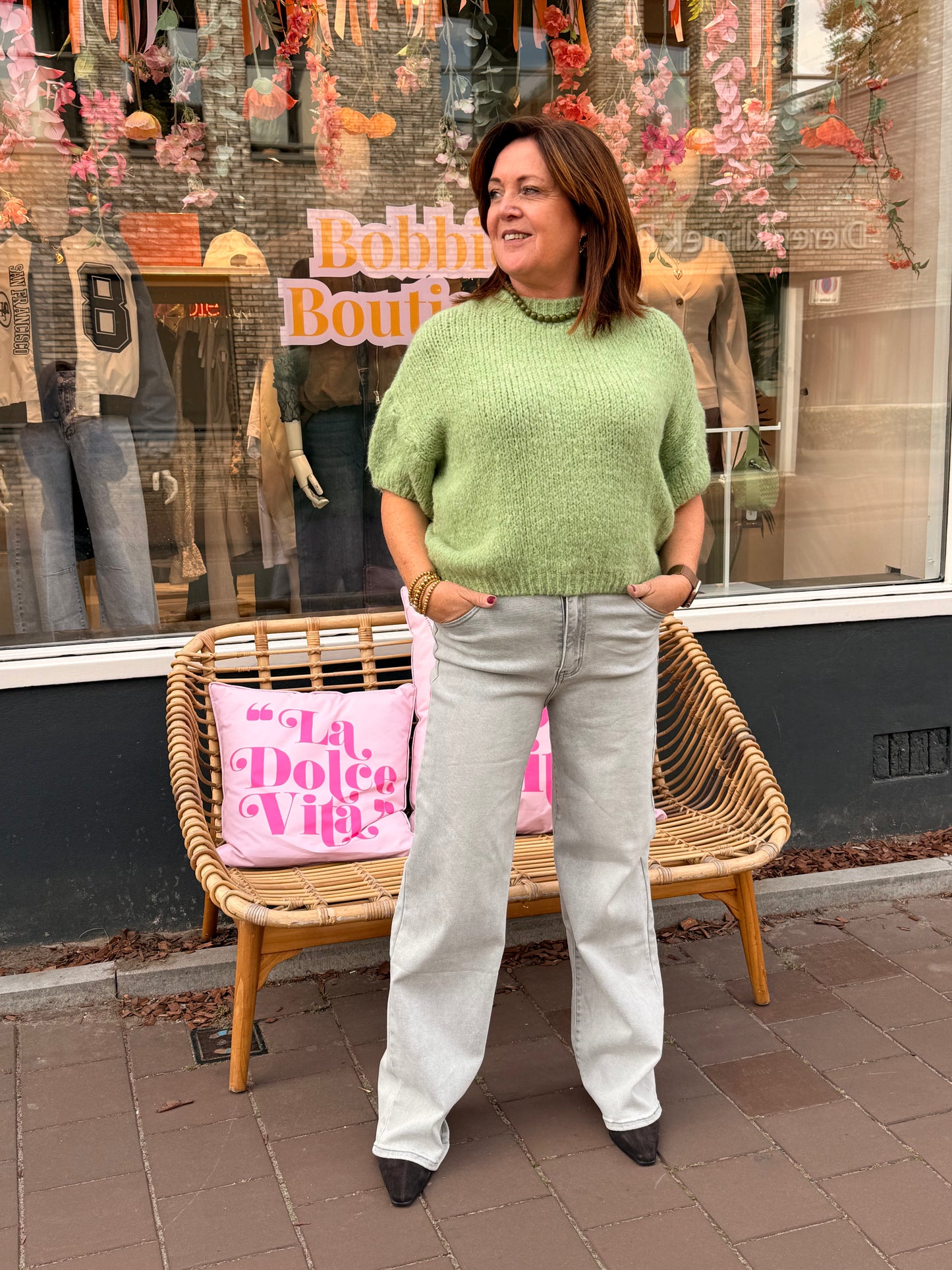 Knitted sweater matcha 3/4 mouw