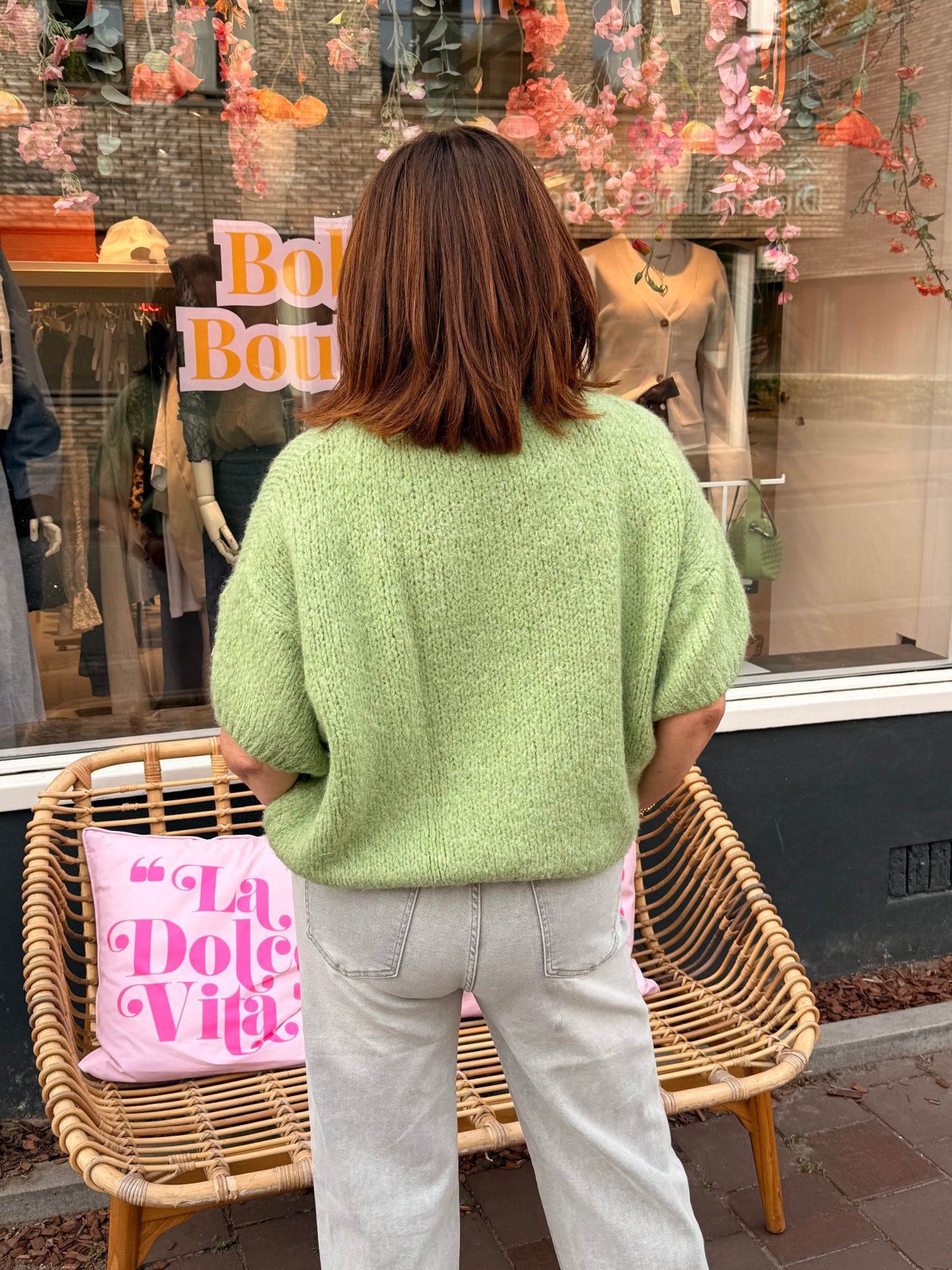 Knitted sweater matcha 3/4 mouw