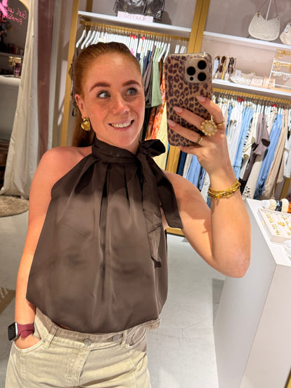 Bow ballon blouse brown