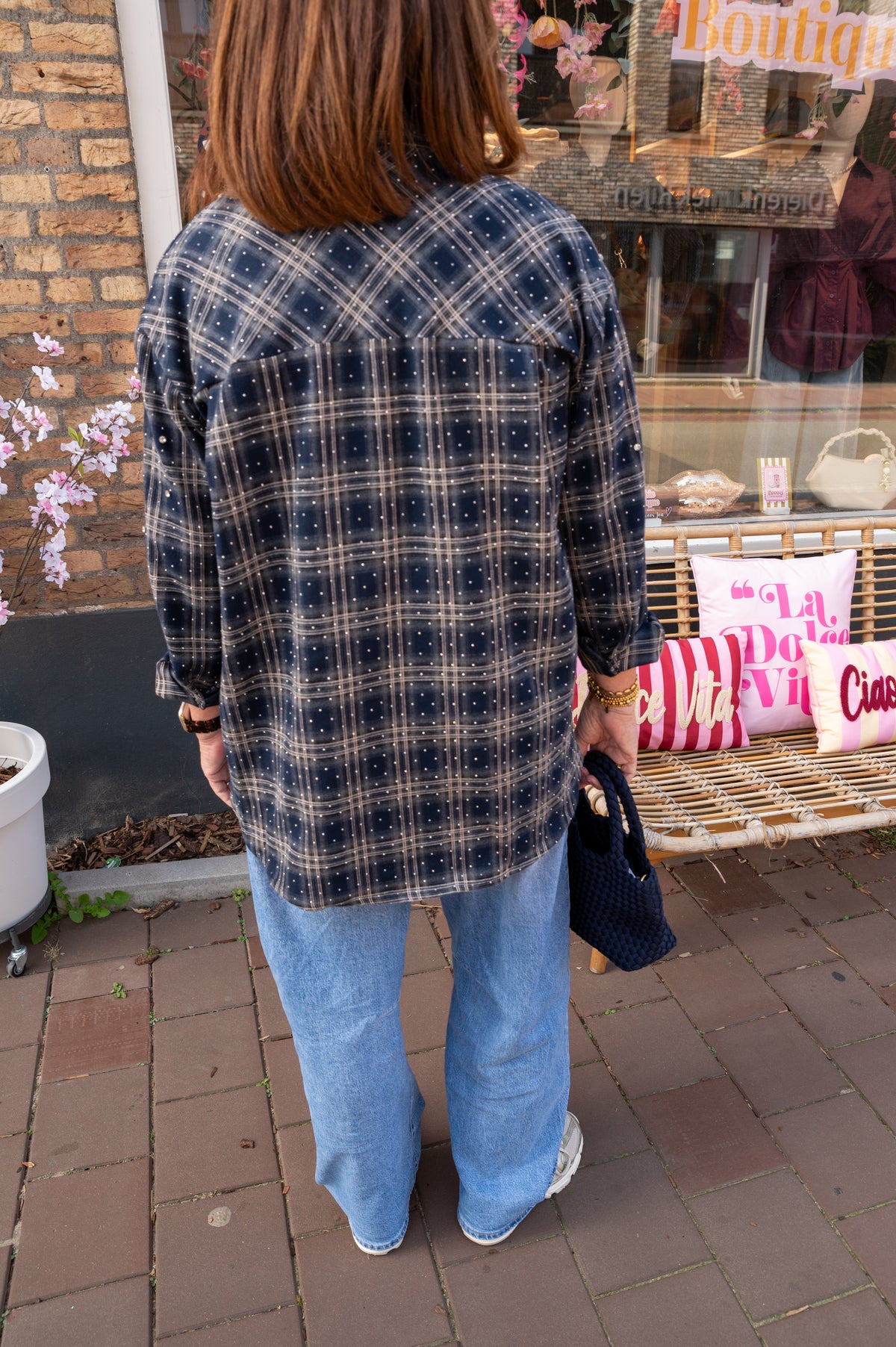 Strass check blouse navy