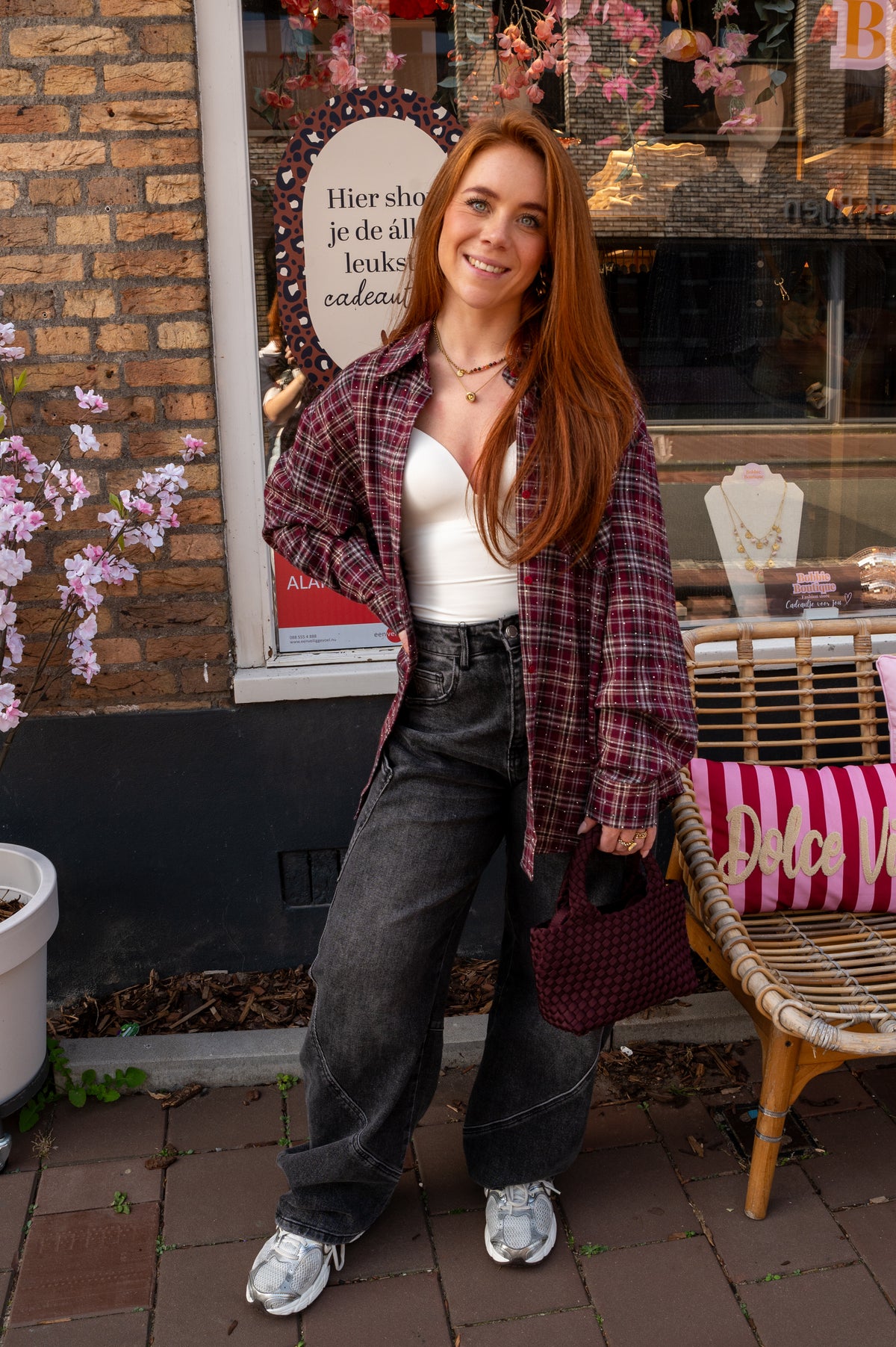 Bordeaux check blouse strass
