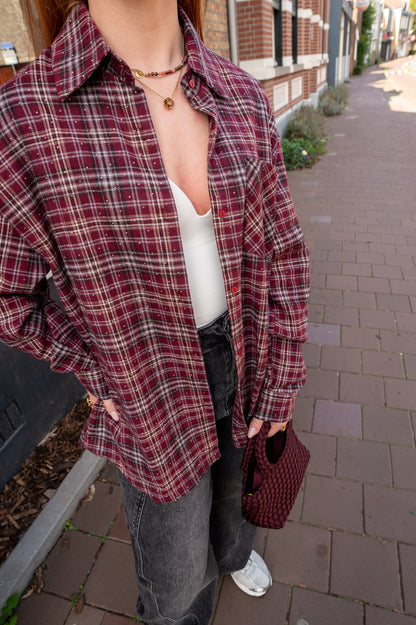Bordeaux check blouse strass